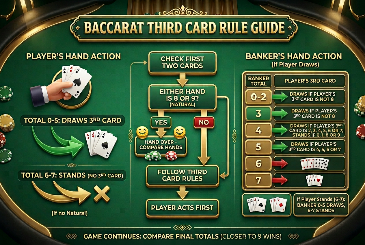 Infografika przedstawiająca logikę reguły trzeciej karty w baccarat dla gracza i bankiera
