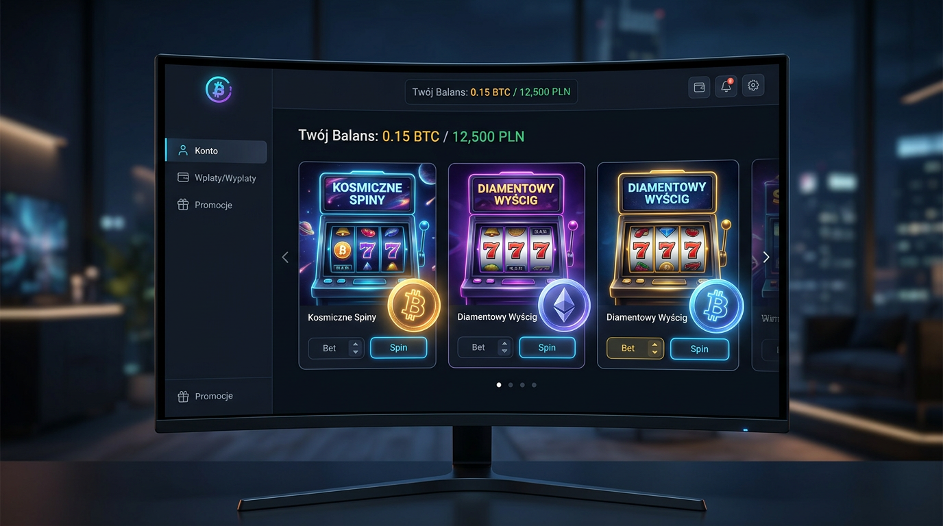 Nowoczesny interfejs kasyna kryptowalutowego z automatami i ikonami Bitcoina