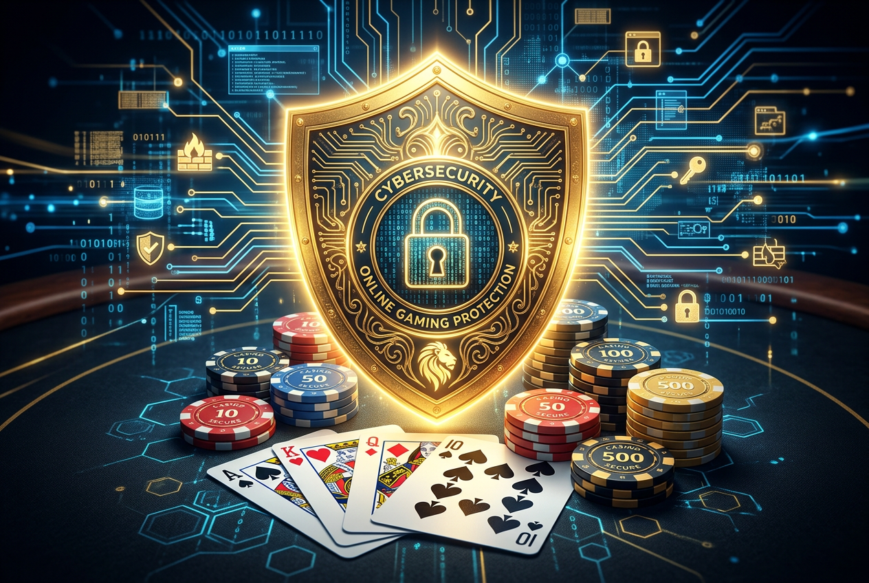 Tarcza ochronna na tle kart pokerowych symbolizująca bezpieczeństwo gry online