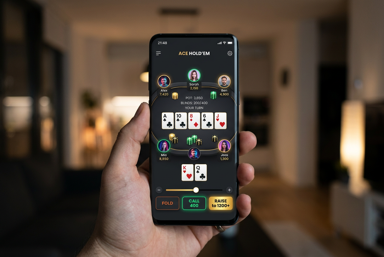 Interfejs nowoczesnej aplikacji pokerowej z minimalistycznymi awatarami i suwakami licytacji